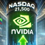 La scritta Nasdaq in alto al centro, sotto il logo di Nvidia con una freccia verde verso l'alto e dei grafici sullo sfondo