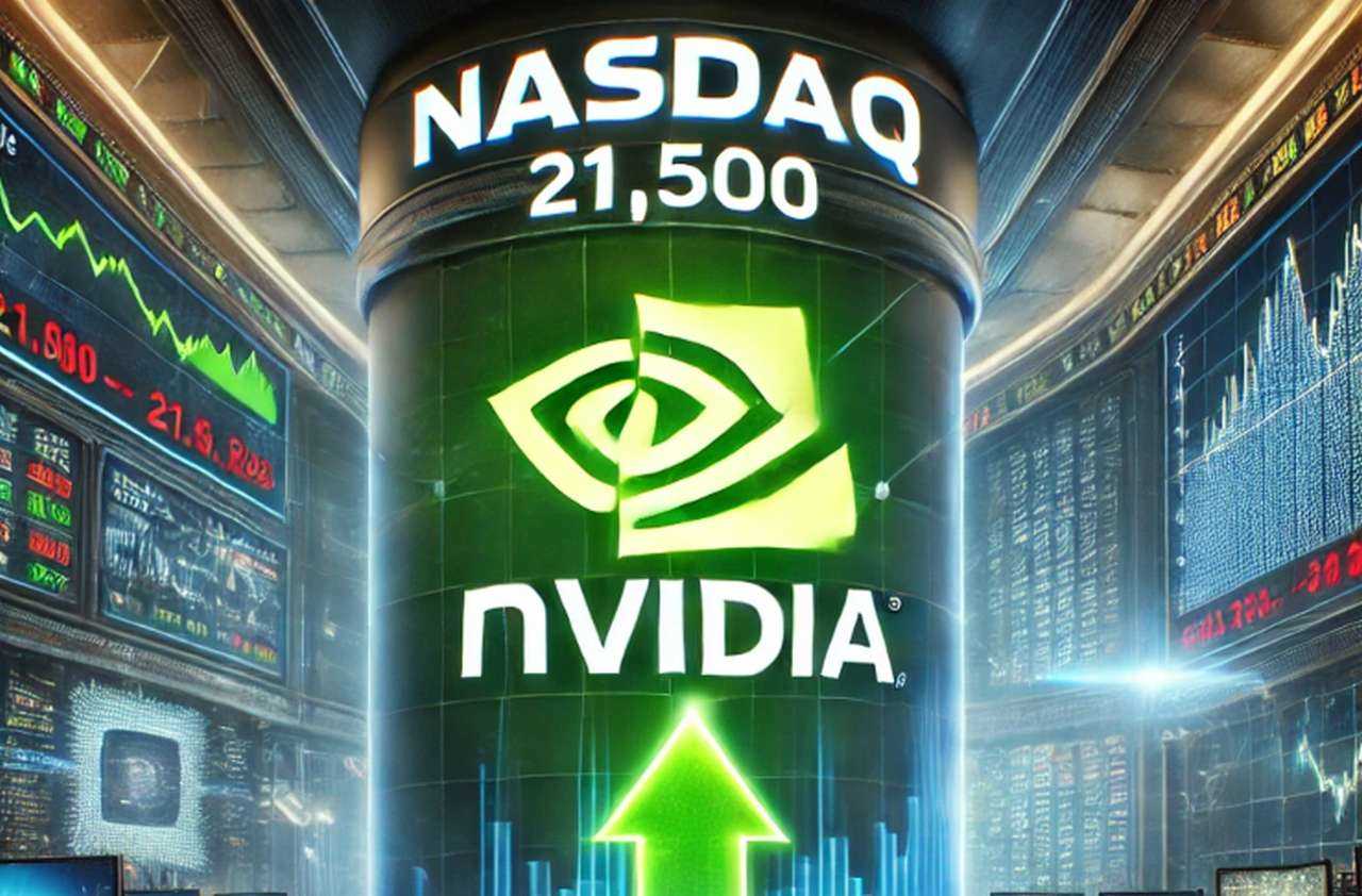 La scritta Nasdaq in alto al centro, sotto il logo di Nvidia con una freccia verde verso l'alto e dei grafici sullo sfondo