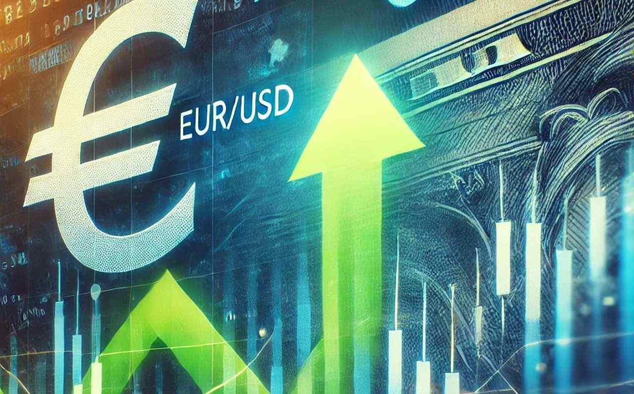 Il simbolo dell'euro in alto a sinistra, con dei grafici a candele sullo sfondo e una freccia verde verso l'alto